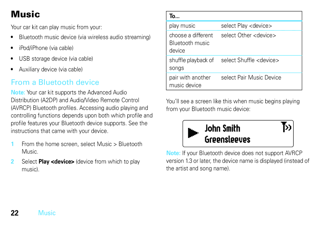 Motorola TK30, 68014301013 manual Music, John Smith Greensleeves, From a Bluetooth device 