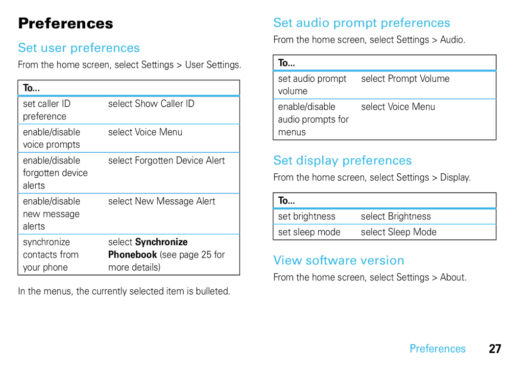 Motorola 68014301013, TK30 manual Preferences, Set user preferences, Set audio prompt preferences, Set display preferences 