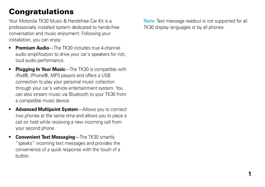 Motorola 68014301013, TK30 manual Congratulations 