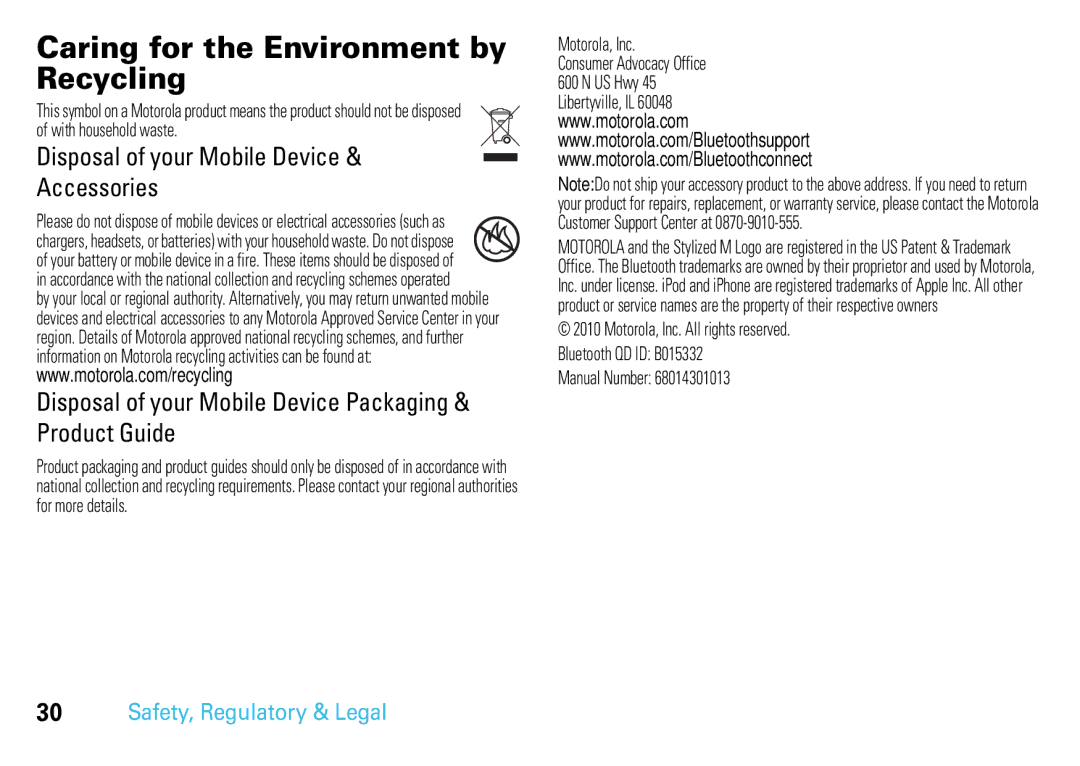 Motorola TK30, 68014301013 manual Caring for the Environment by Recycling, Disposal of your Mobile Device Accessories 