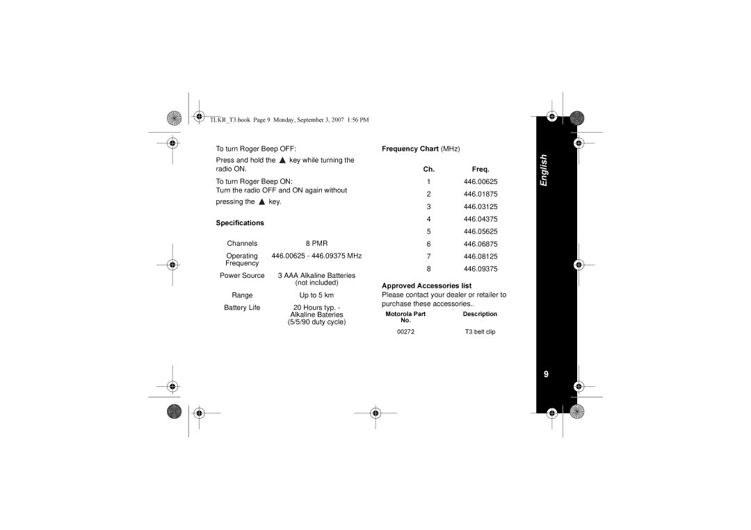 Motorola TLKR T3 owner manual Pmr, Range Up to 5 km 