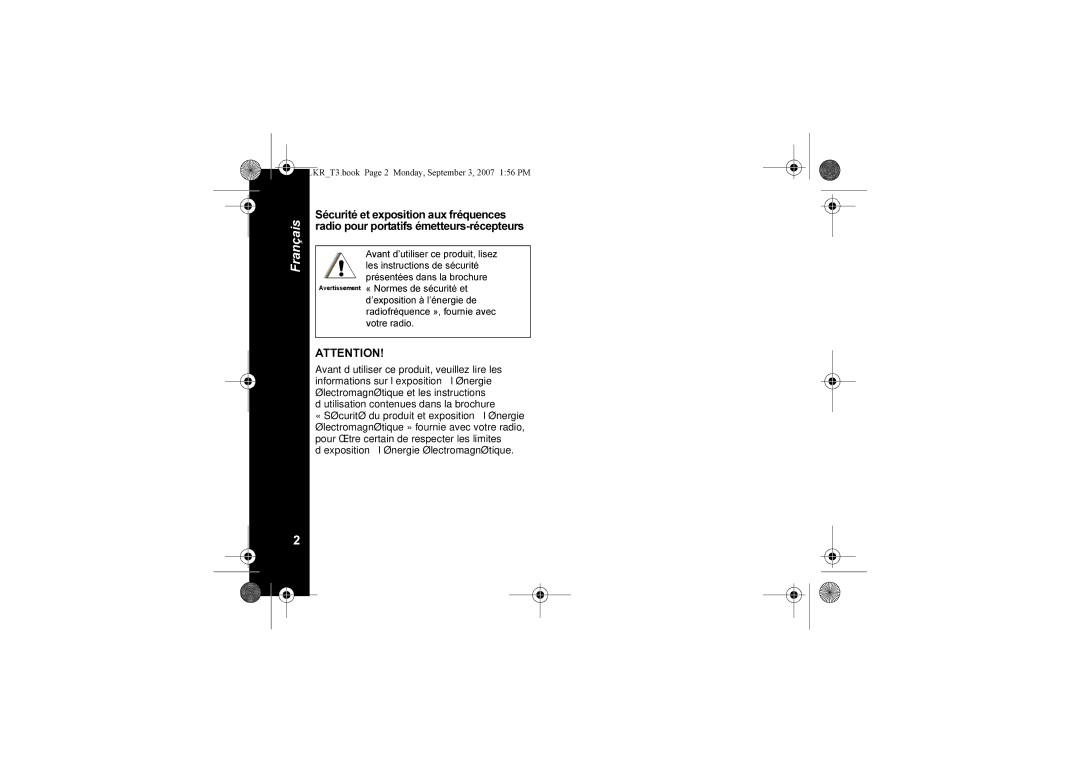 Motorola TLKR T3 owner manual Avertissement 