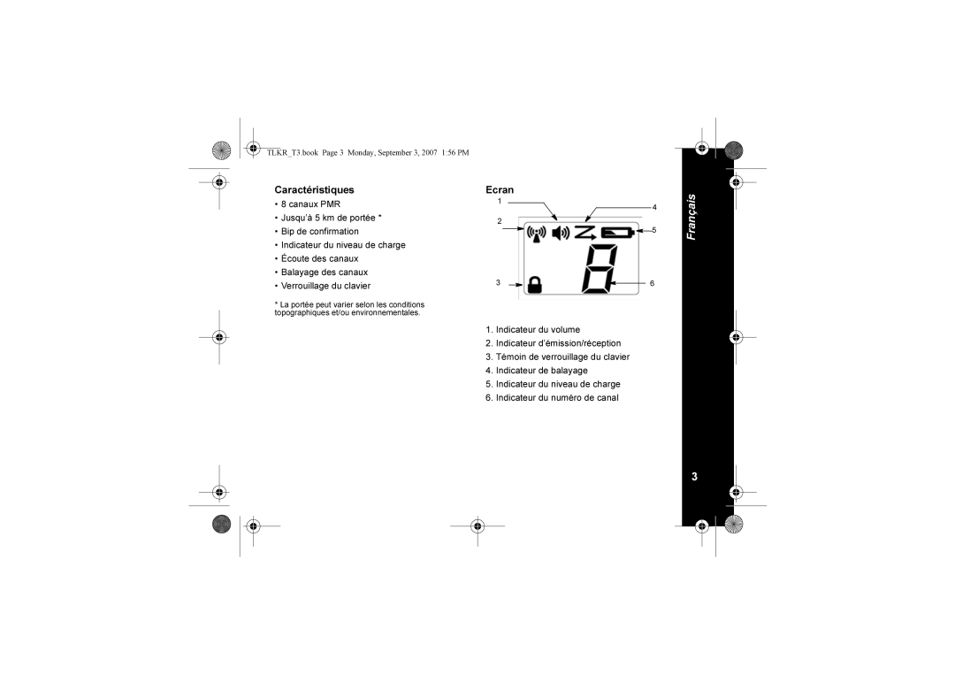 Motorola TLKR T3 owner manual Caractéristiques, Ecran 