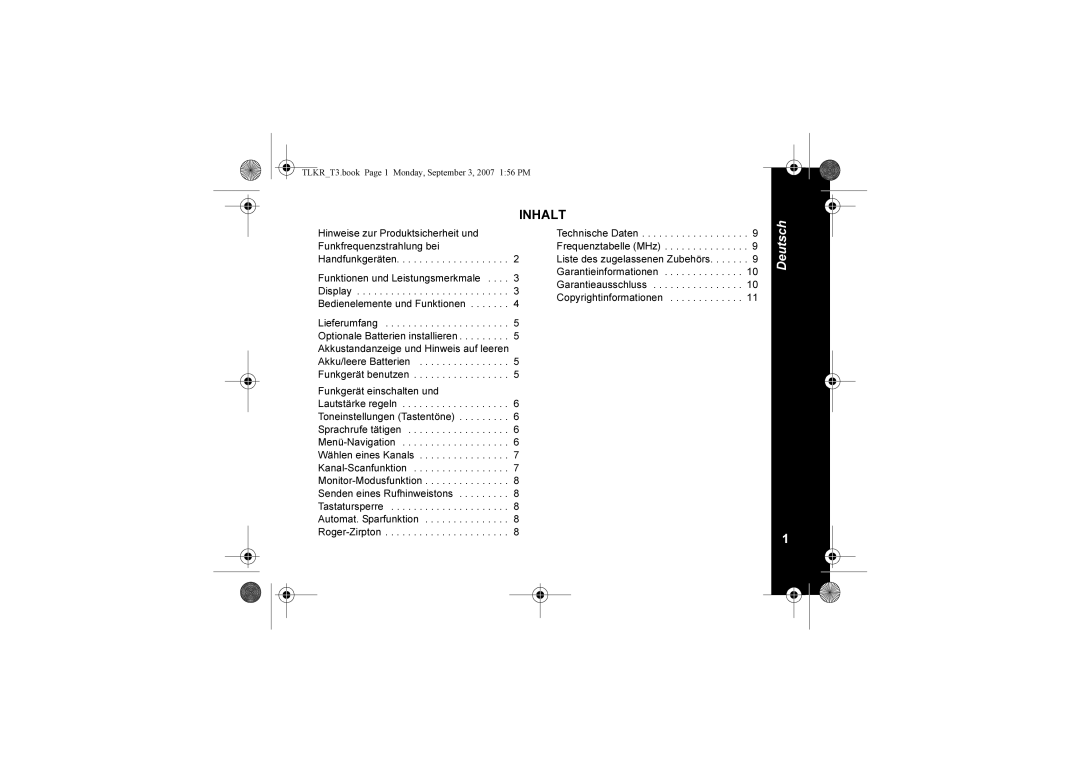 Motorola TLKR T3 owner manual Inhalt 