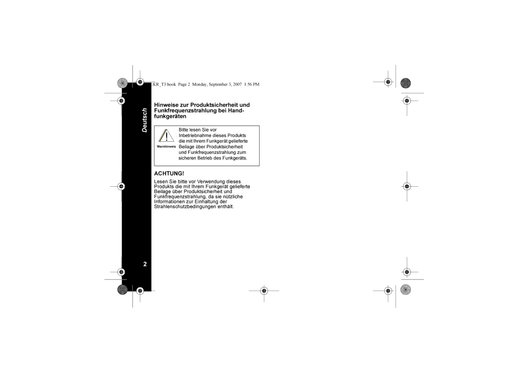 Motorola TLKR T3 owner manual Achtung 