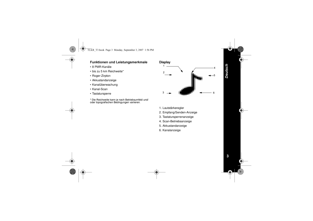 Motorola TLKR T3 owner manual Funktionen und Leistungsmerkmale Display 