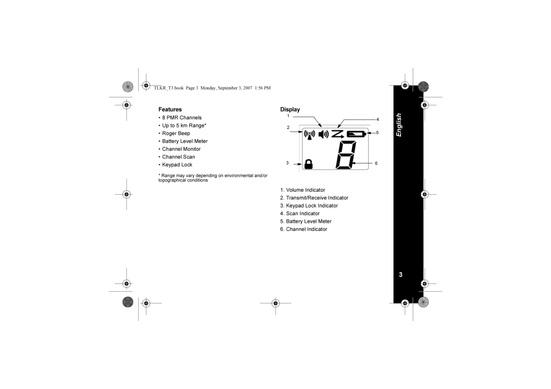 Motorola TLKR T3 owner manual FeaturesDisplay 