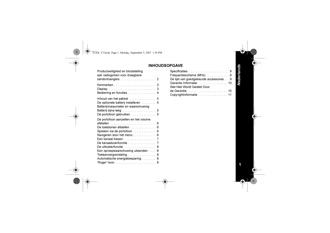 Motorola TLKR T3 owner manual Inhoudsopgave 