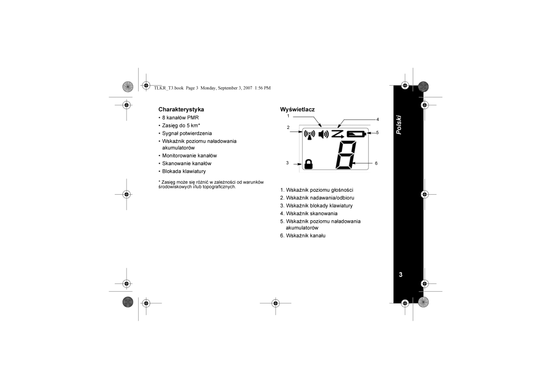 Motorola TLKR T3 owner manual Charakterystyka, Wyświetlacz 