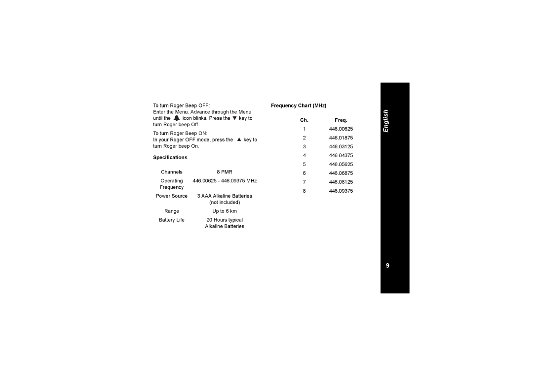 Motorola TLKR T4 owner manual Specifications, Frequency Chart MHz Ch. Freq 