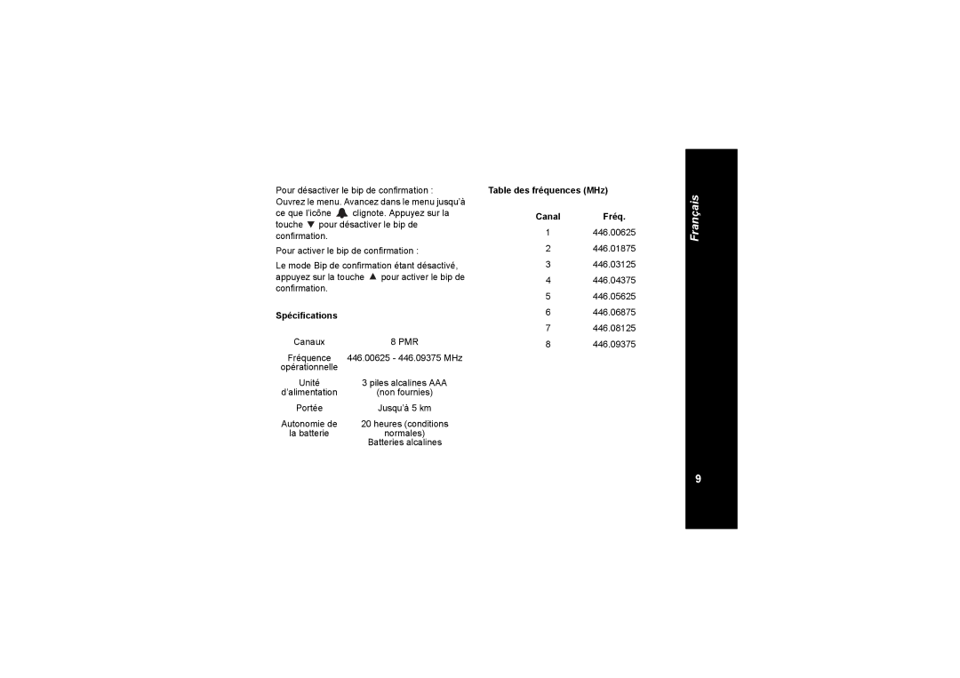 Motorola TLKR T4 owner manual Spécifications, Table des fréquences MHz Canal Fréq 