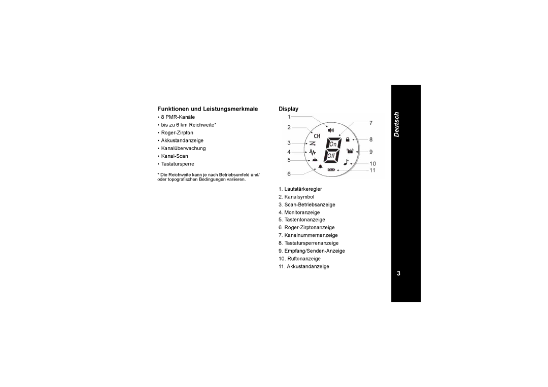 Motorola TLKR T4 owner manual Funktionen und Leistungsmerkmale, Display 