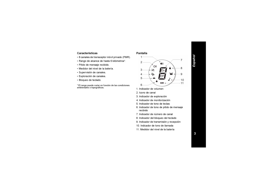 Motorola TLKR T4 owner manual Características, Pantalla 