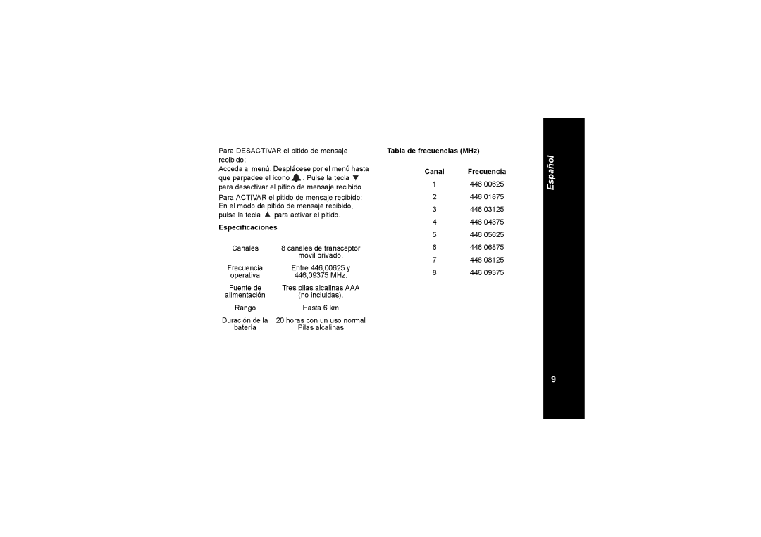 Motorola TLKR T4 owner manual Especificaciones, Tabla de frecuencias MHz Canal Frecuencia 