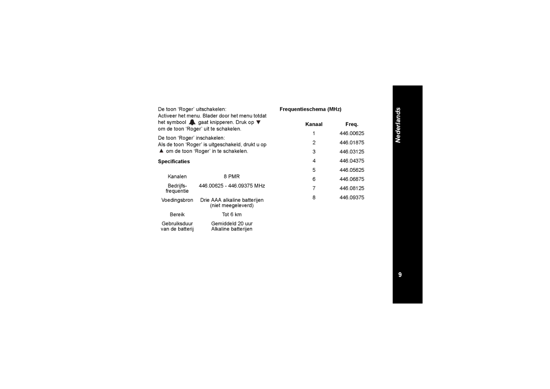 Motorola TLKR T4 owner manual Specificaties, Frequentieschema MHz Kanaal Freq 