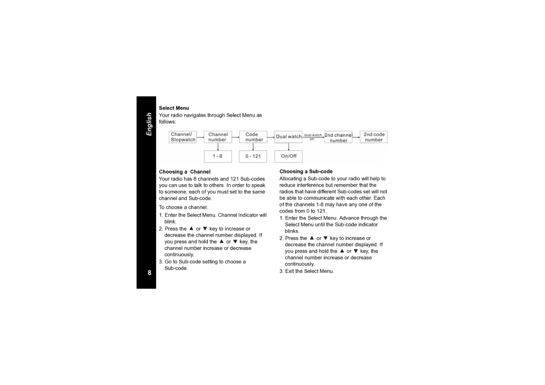 Motorola TLKR T6 Your radio navigates through Select Menu as follows, Choosing a Channel, Choosing a Sub-code 