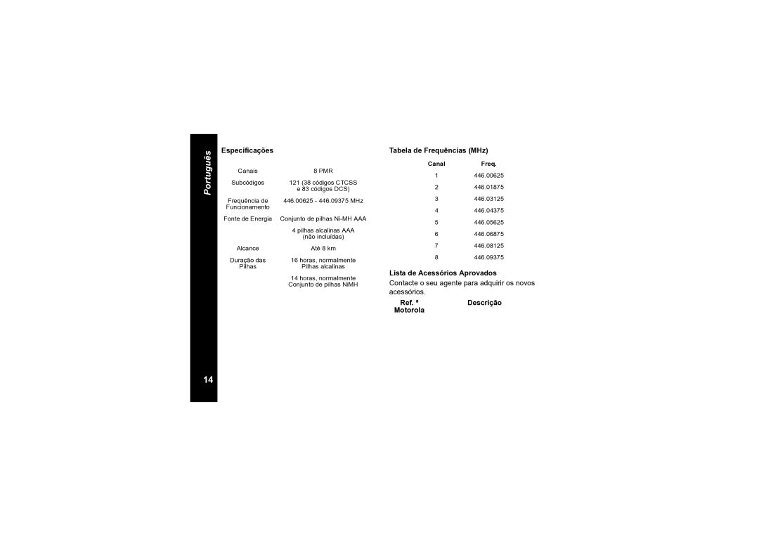 Motorola TLKR T6 Especificações, Tabela de Frequências MHz, Lista de Acessórios Aprovados, Ref. ª Descrição Motorola 