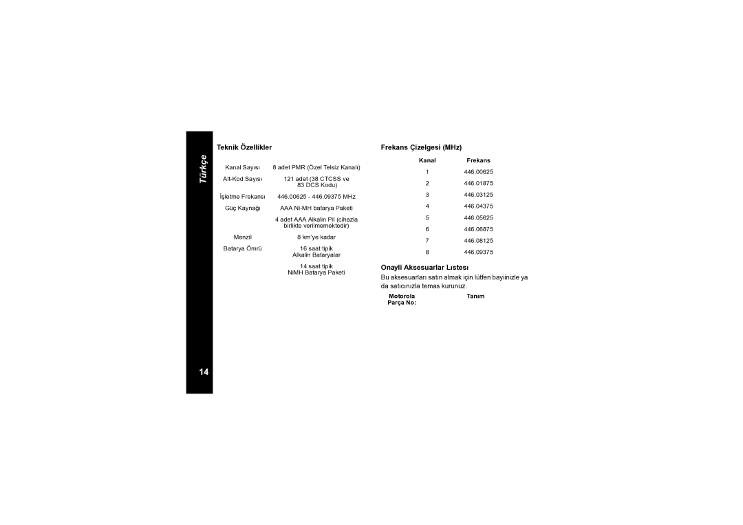 Motorola TLKR T6 owner manual Teknik Özellikler, Frekans Çizelgesi MHz, Onayli Aksesuarlar Lıstesı 