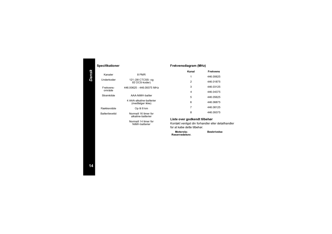 Motorola TLKR T6 owner manual Specifikationer, Frekvensdiagram MHz, Liste over godkendt tilbehør 