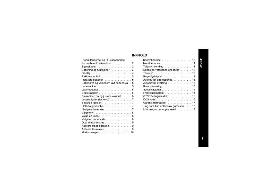 Motorola TLKR T6 owner manual Innhold, Produktsikkerhet og RF-eksponering 