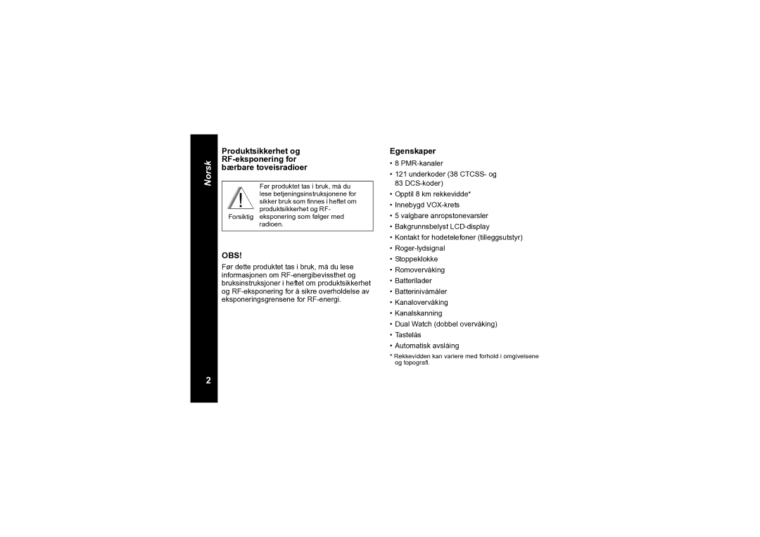 Motorola TLKR T6 owner manual Produktsikkerhet og RF-eksponering for bærbare toveisradioer, Egenskaper 