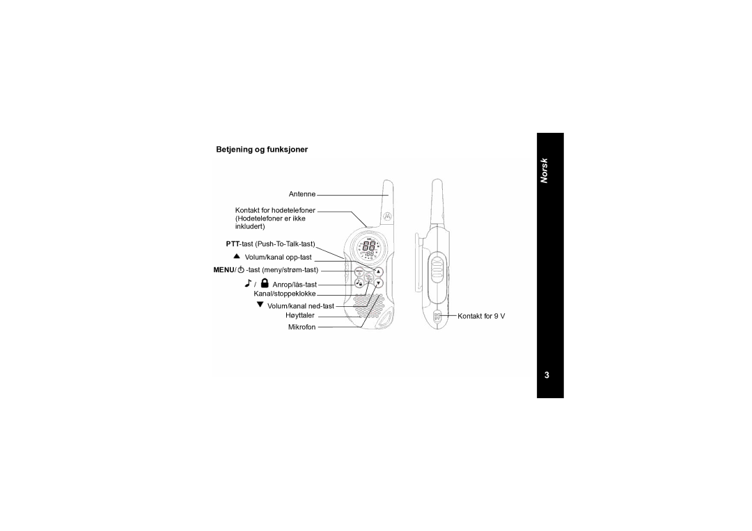 Motorola TLKR T6 owner manual Betjening og funksjoner, Kontakt for 9 