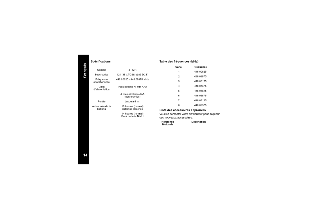 Motorola TLKR T6 owner manual Spécifications, Table des fréquences MHz, Liste des accessoires approuvés 