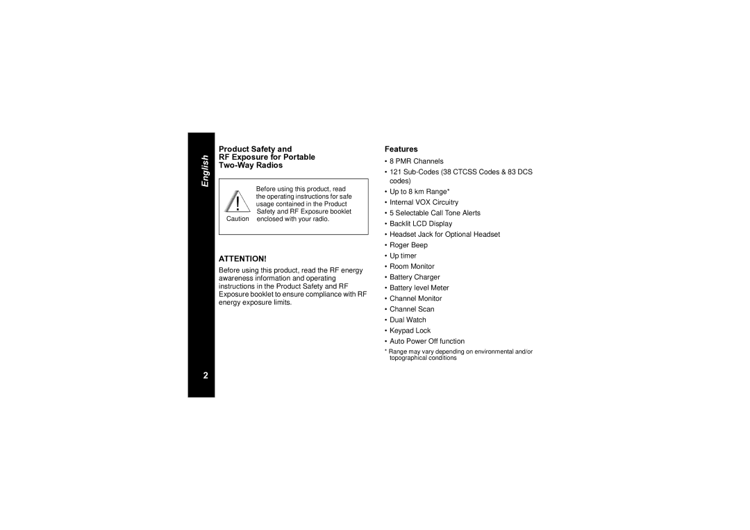 Motorola TLKR T6 owner manual Product Safety RF Exposure for Portable Two-Way Radios, Features 