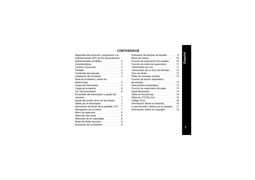 Motorola TLKR T6 owner manual Contendidos, Transmisión de un tono de llamada Contenido del paquete 