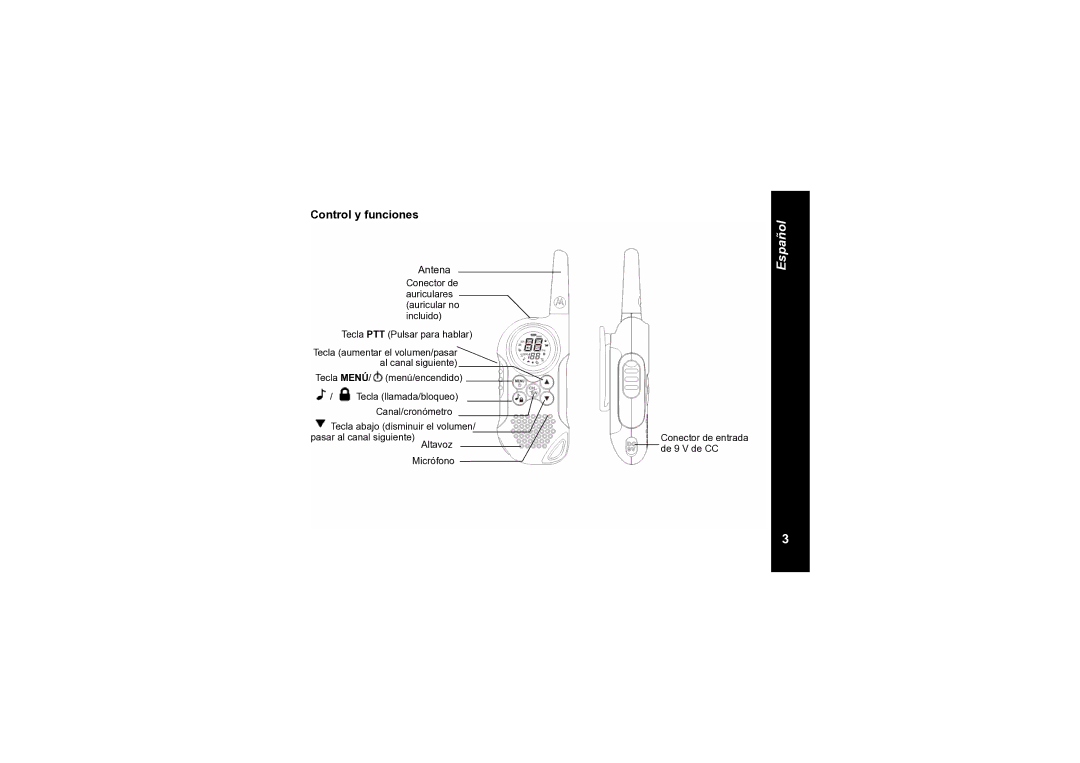 Motorola TLKR T6 owner manual Control y funciones, Tecla llamada/bloqueo Tecla disminuir el volumen 