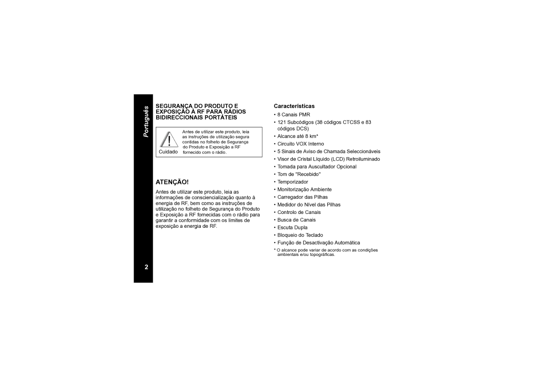 Motorola TLKR T6 owner manual Atenção, Características 