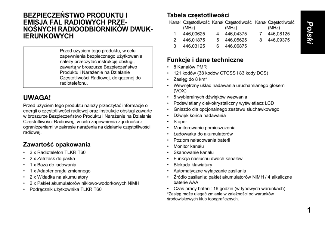 Motorola TLKR T60 owner manual Zawartoakowania, Tabela cztliwoci, Funkcje i dane techniczne 