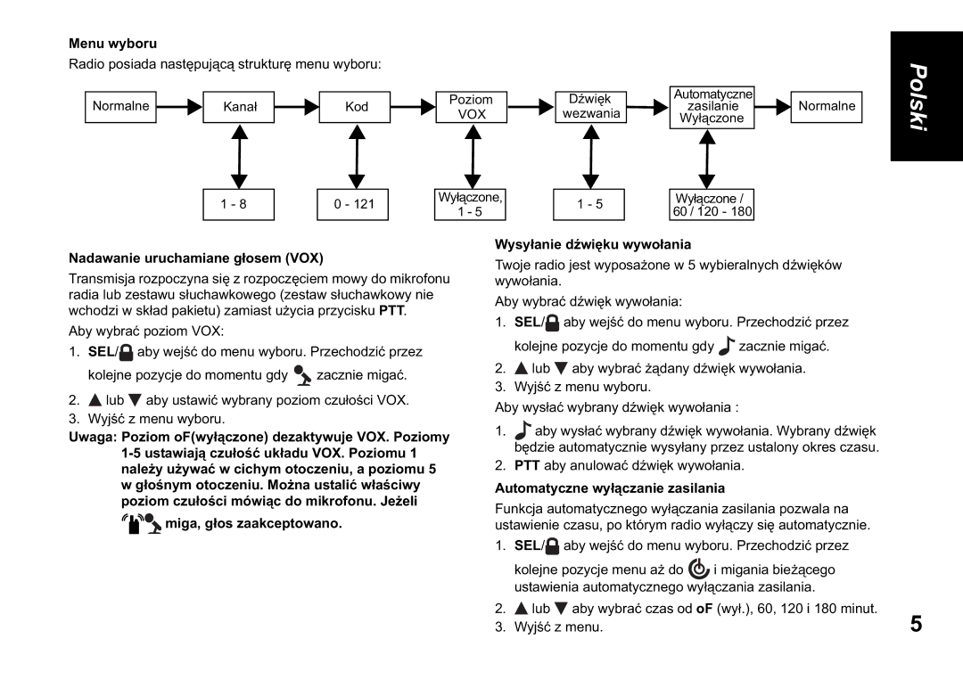 Motorola TLKR T60 owner manual Menu wyboru, Nadawanie uruchamiane gosem VOX, Automatyczne wyzanie zasilania 