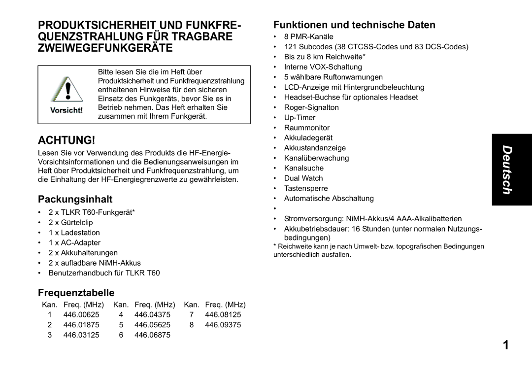 Motorola TLKR T60 owner manual Packungsinhalt, Frequenztabelle, Funktionen und technische Daten 