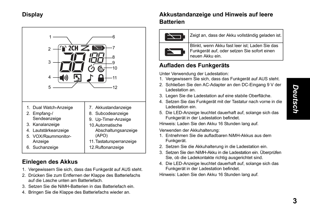 Motorola TLKR T60 Einlegen des Akkus, Akkustandanzeige und Hinweis auf leere Batterien, Aufladen des Funkgeräts 