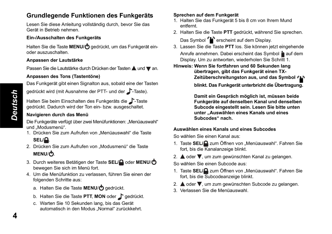 Motorola TLKR T60 owner manual Grundlegende Funktionen des Funkgeräts 