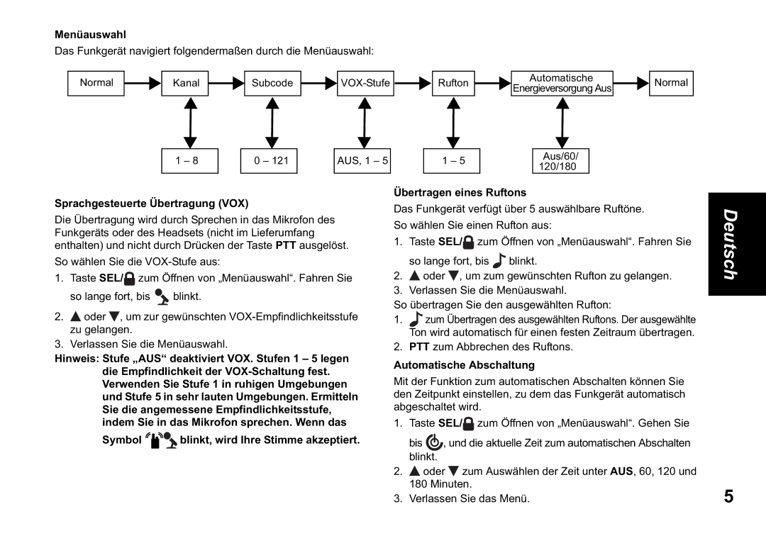 Motorola TLKR T60 owner manual Menüauswahl, Sprachgesteuerte Übertragung VOX, Automatische Abschaltung 