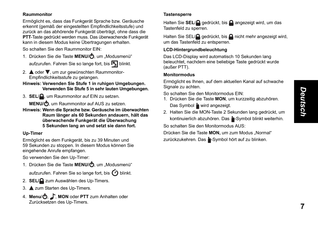 Motorola T60 Raummonitor, Sekunden lang an und setzt sie dann fort Up-Timer, Tastensperre, LCD-Hintergrundbeleuchtung 