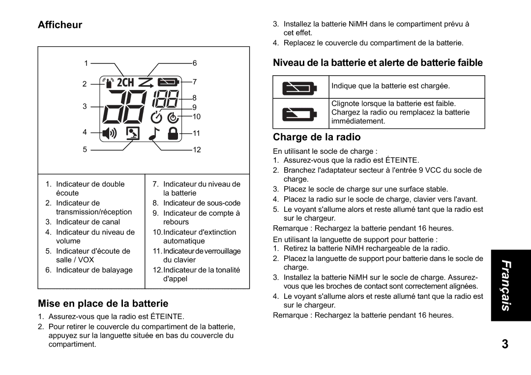 Motorola TLKR T60 Afficheur, Mise en place de la batterie, Niveau de la batterie et alerte de batterie faible 