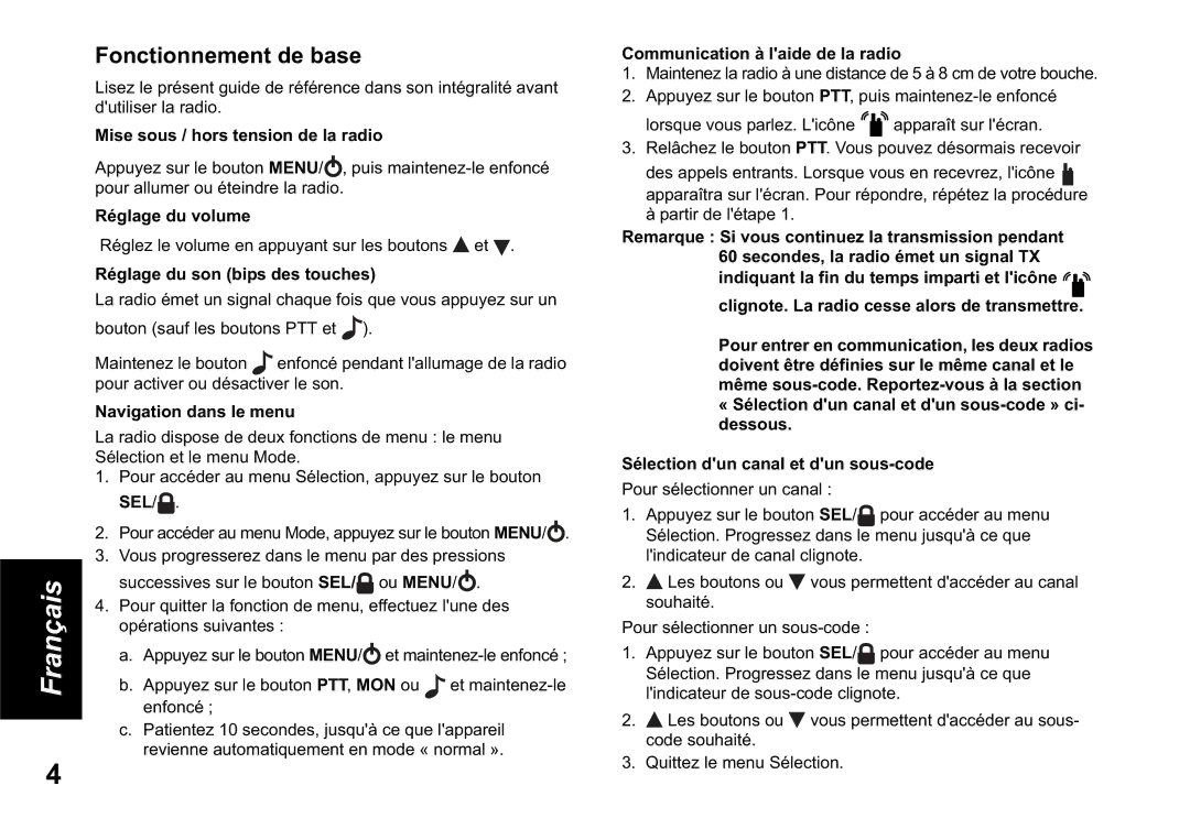 Motorola TLKR T60 owner manual Fonctionnement de base 