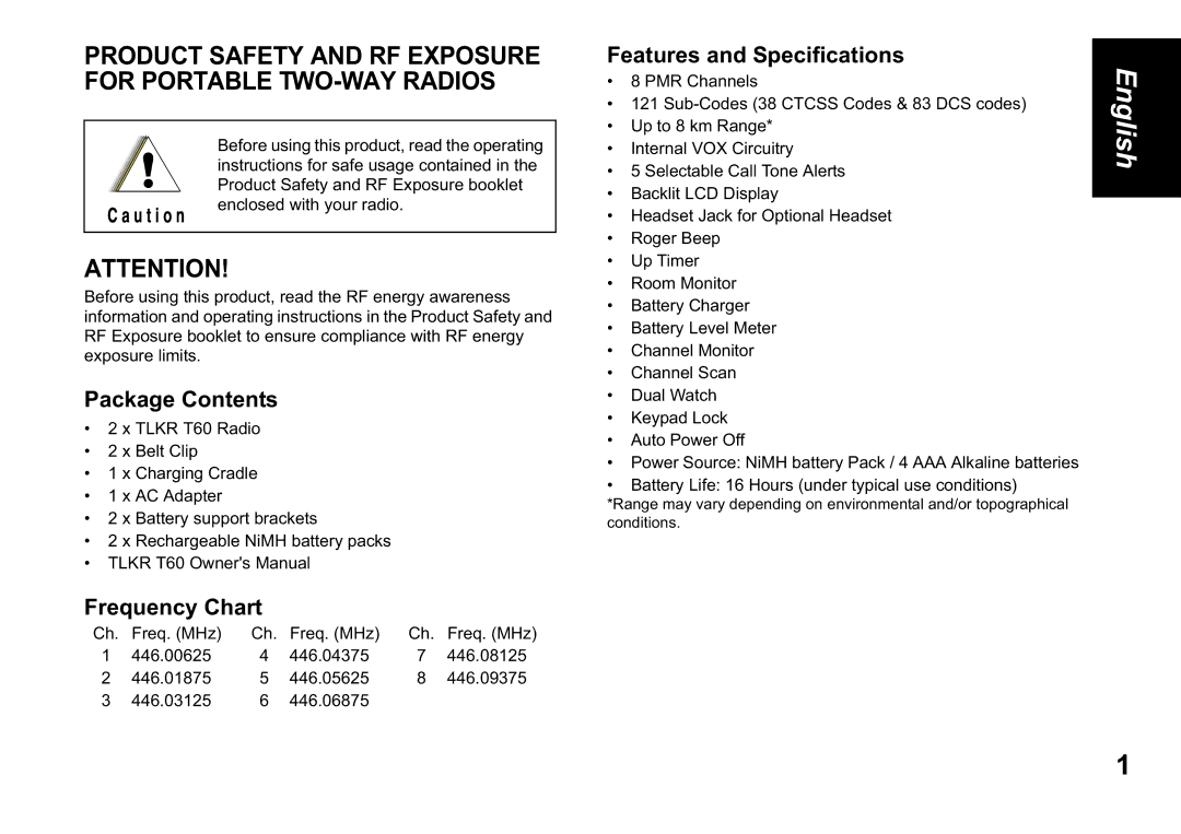 Motorola TLKR T60 owner manual Package Contents, Frequency Chart, Features and Specifications 