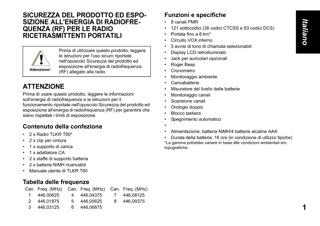 Motorola TLKR T60 owner manual Contenuto della confezione, Tabella delle frequenze, Funzioni e specifiche 