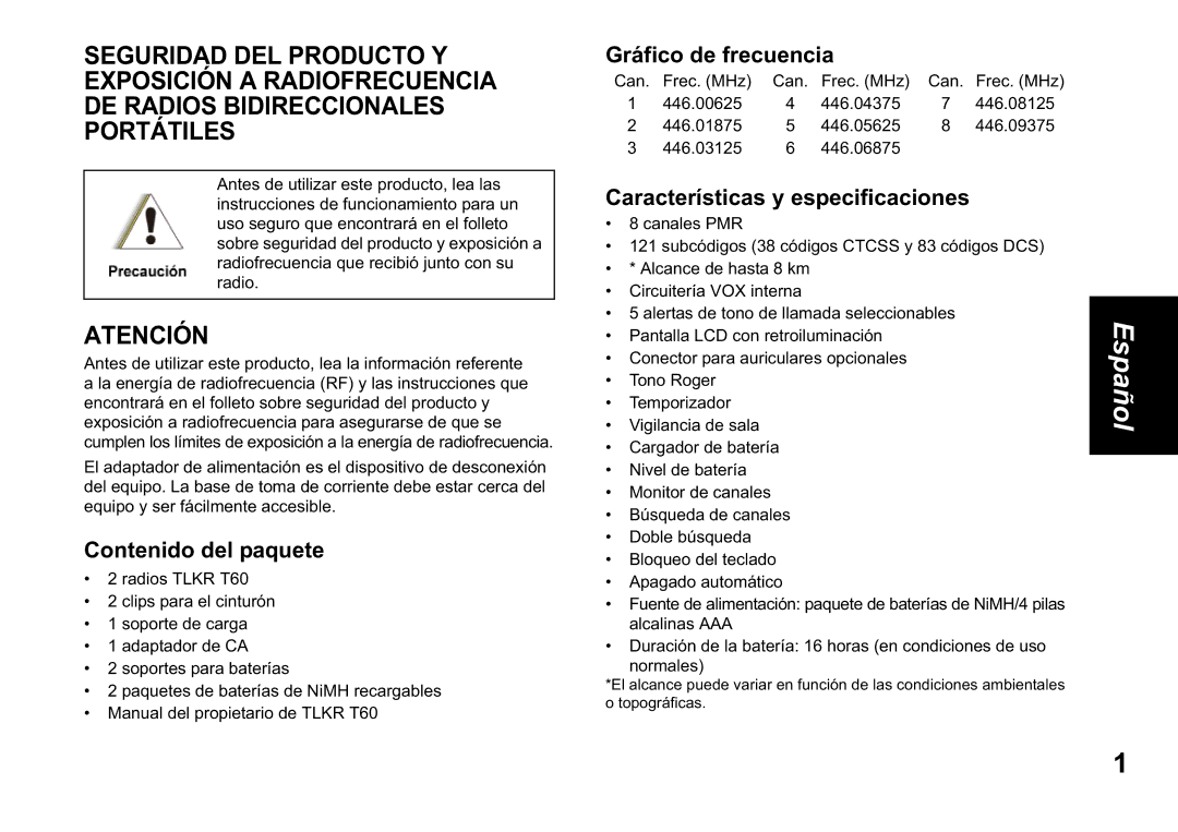 Motorola TLKR T60 owner manual Contenido del paquete, Gráfico de frecuencia, Características y especificaciones 