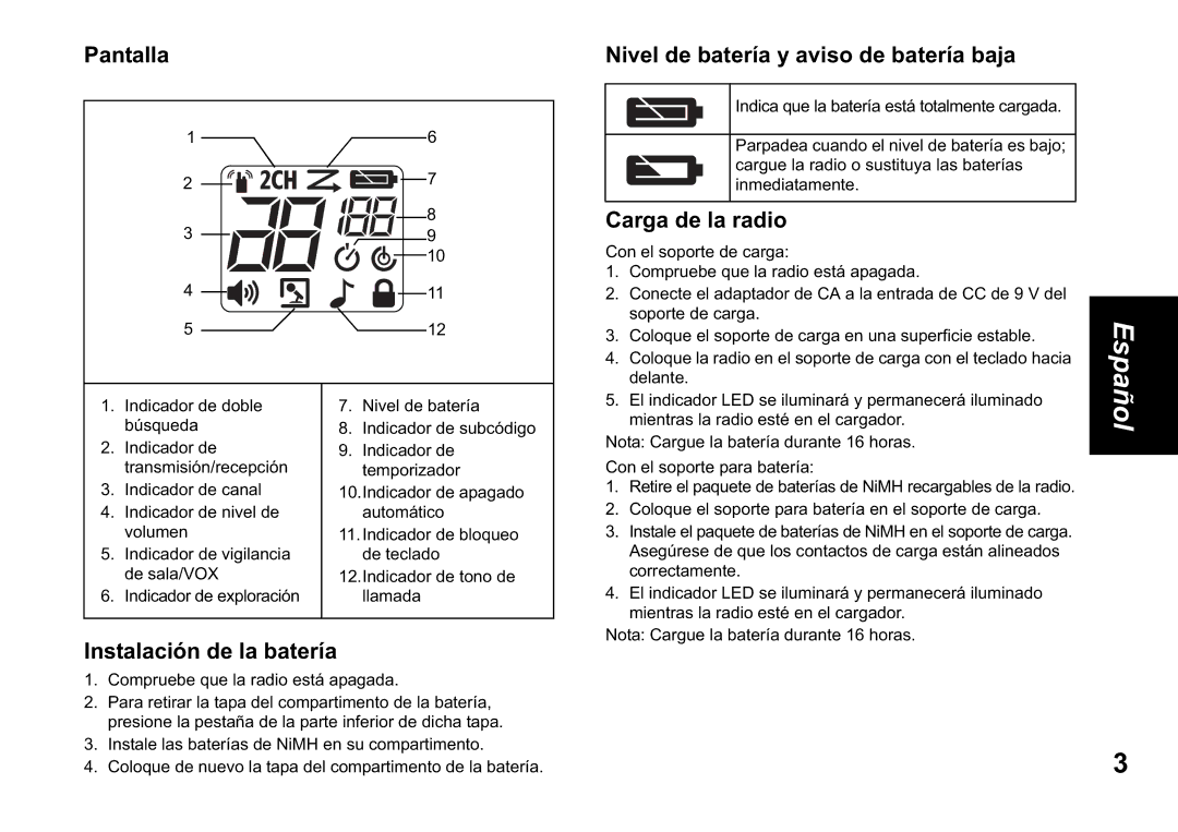 Motorola TLKR T60 Pantalla, Instalación de la batería, Nivel de batería y aviso de batería baja, Carga de la radio 