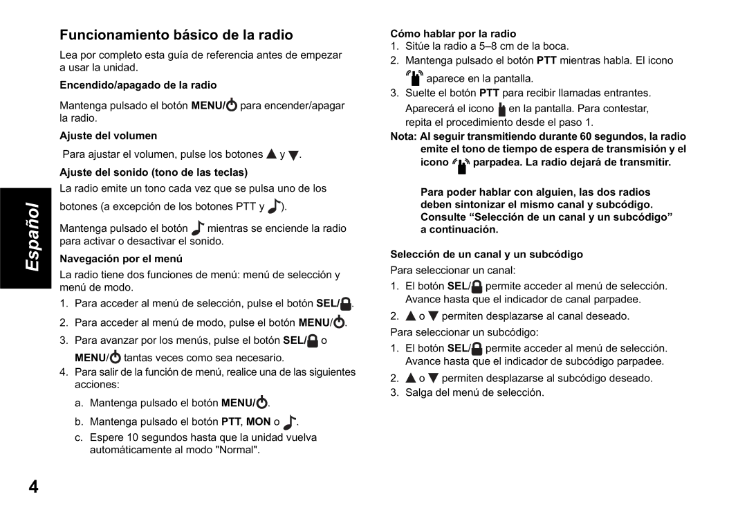 Motorola TLKR T60 owner manual Funcionamiento básico de la radio 