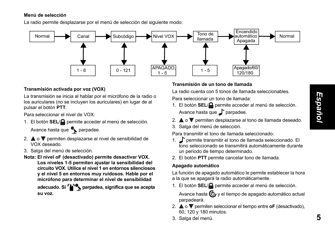 Motorola TLKR T60 owner manual Menú de selección, Transmisión activada por voz VOX, Apagado automático 