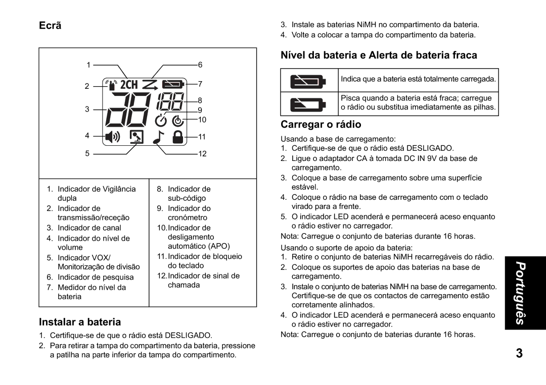 Motorola TLKR T60 owner manual Ecrã, Instalar a bateria, Nível da bateria e Alerta de bateria fraca, Carregar o rádio 