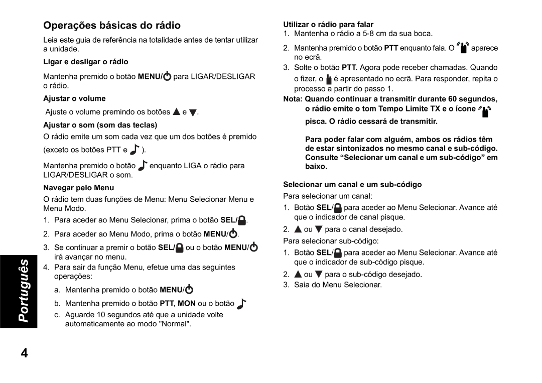 Motorola TLKR T60 owner manual Operações básicas do rádio 