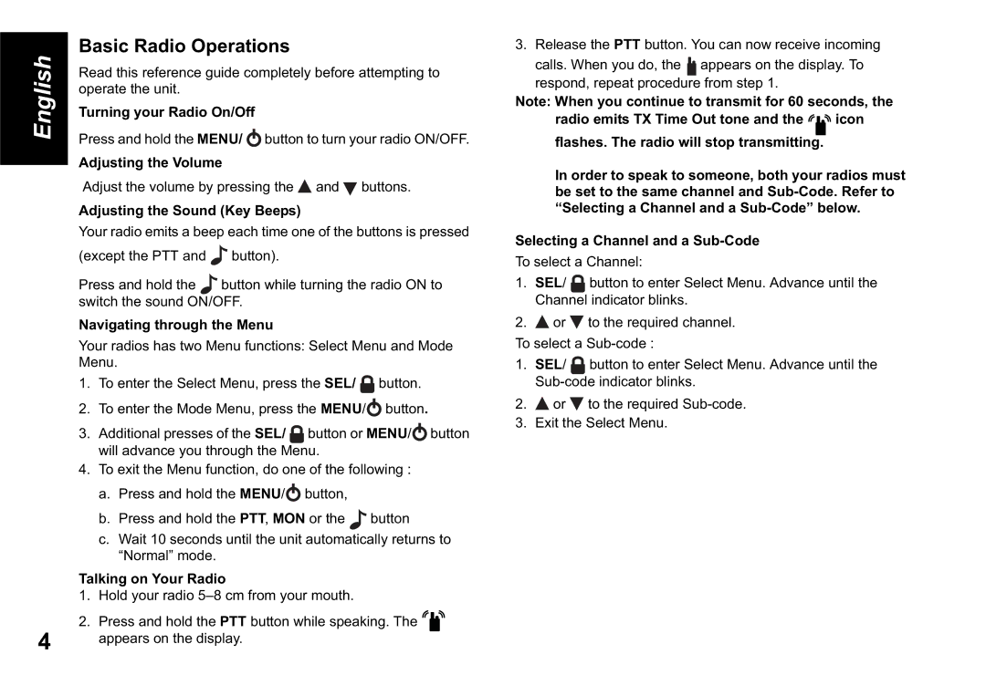 Motorola TLKR T60 owner manual Basic Radio Operations 