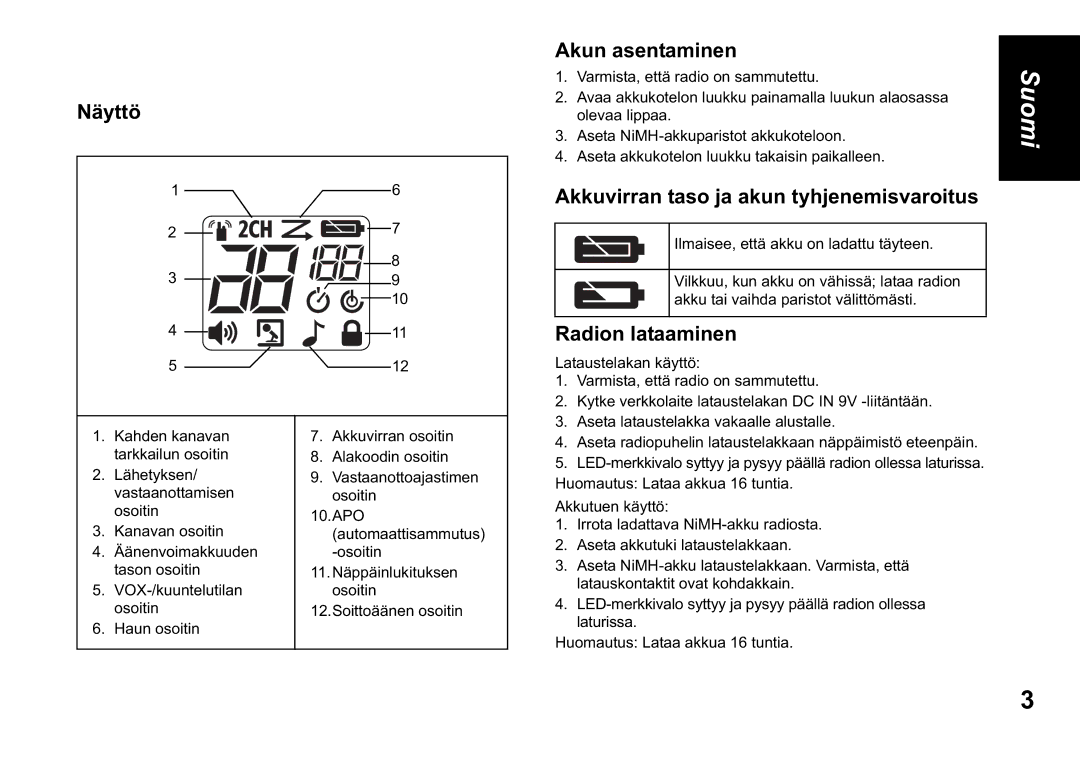 Motorola TLKR T60 owner manual Näyttö, Akun asentaminen, Akkuvirran taso ja akun tyhjenemisvaroitus, Radion lataaminen 